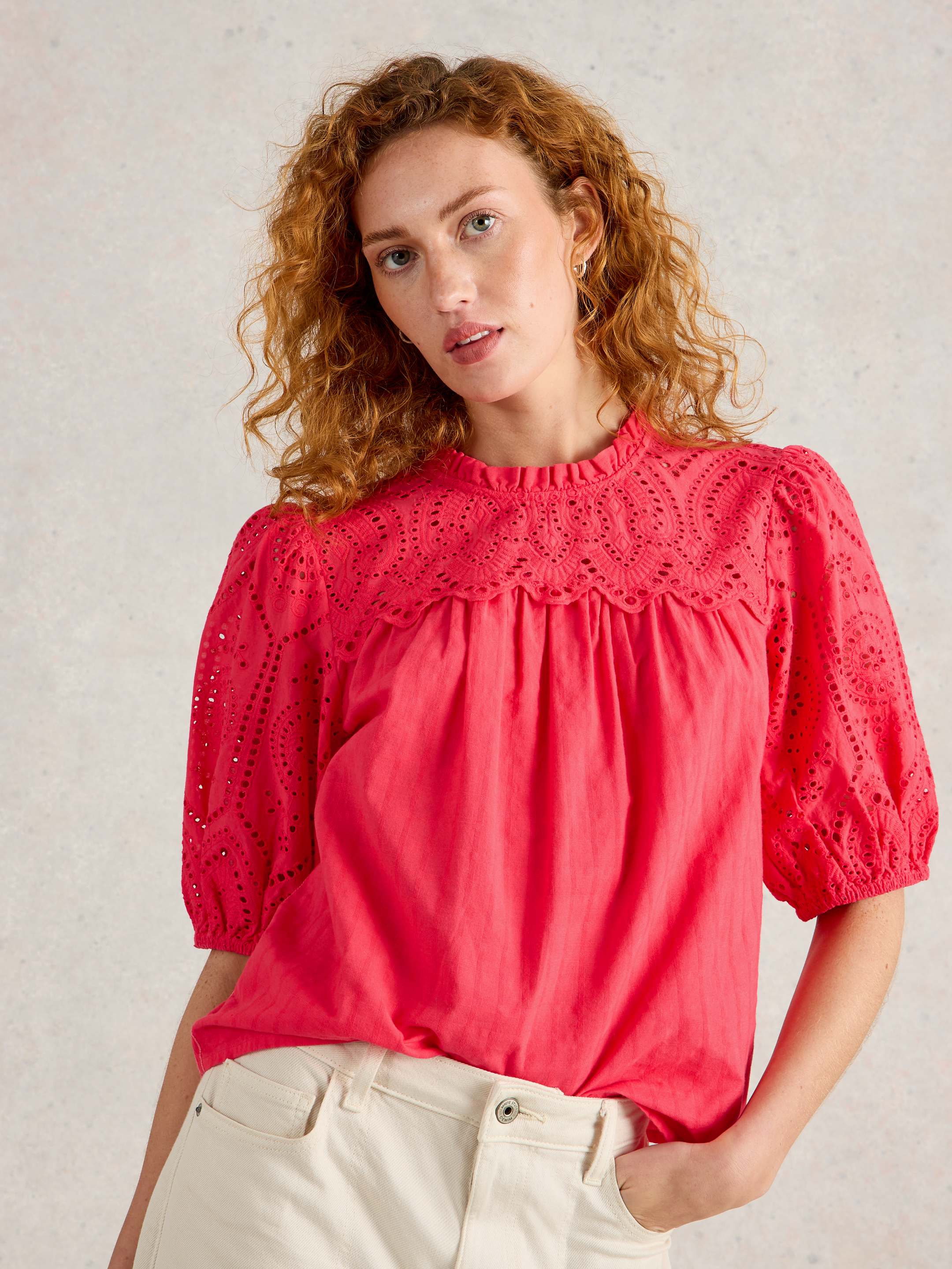 An image of the White Stuff Lexi Cotton Broderie Collared Top