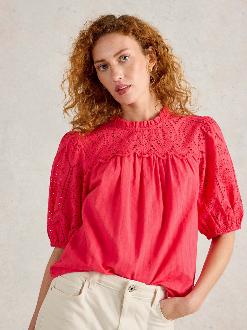 An image of the White Stuff Lexi Cotton Broderie Collared Top