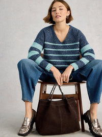 An image of the White Stuff Tamara Stripe Texture V-Neck Jumper