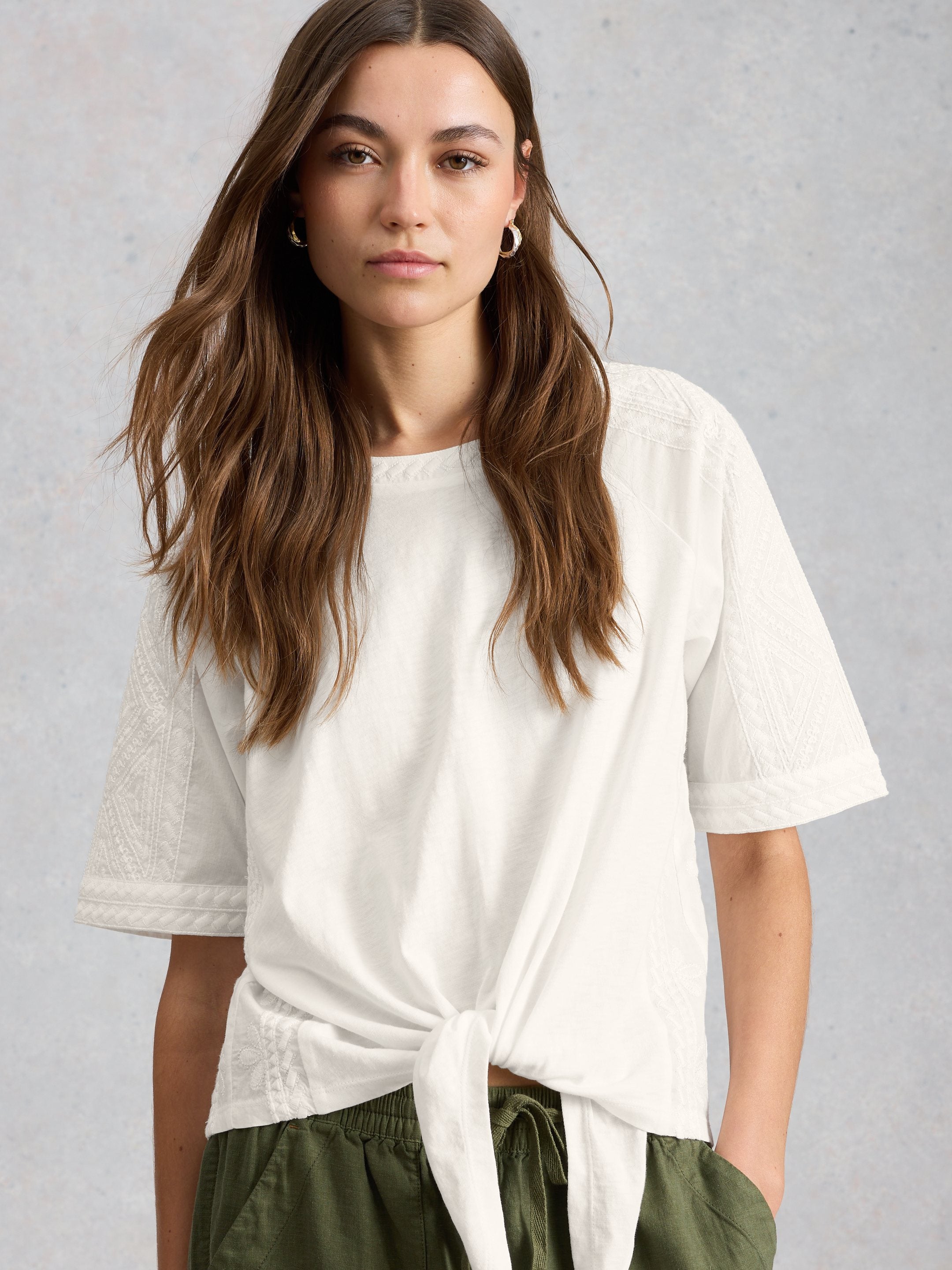 An image of the White Stuff Embroidered Tie Hem Top