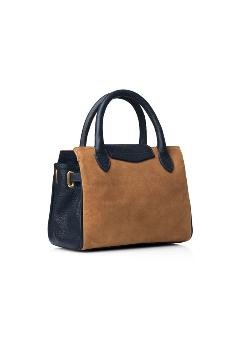 An image of the Fairfax & Favor Fairfax & Favor Mini Windsor Handbag Tan/Navy Suede
