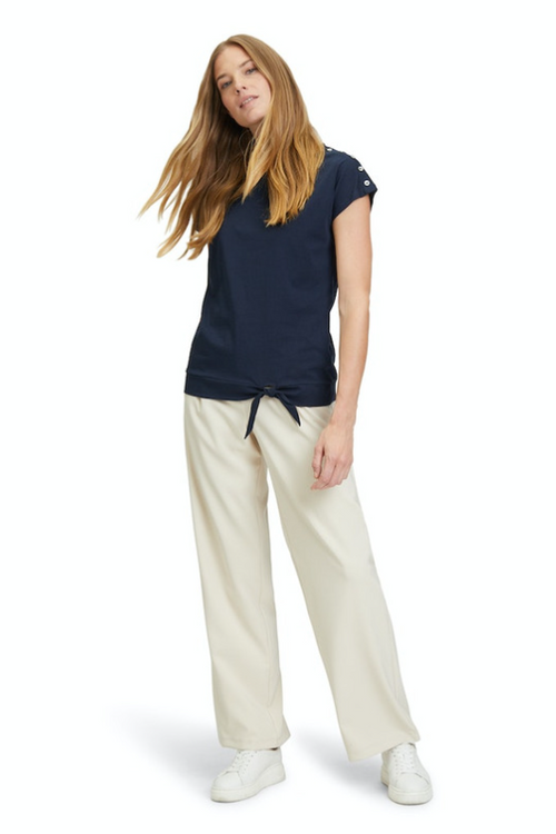An image of the Betty Barclay Button Shoulder top in Navy, with short sleeves and tie waist.