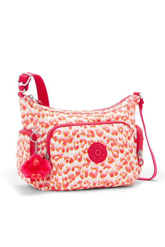 Kipling Gabb S Crossbody Bag with Latin Cheetah design, multiple interior & exterior pockets, and an iconic Kipling monkey keychain