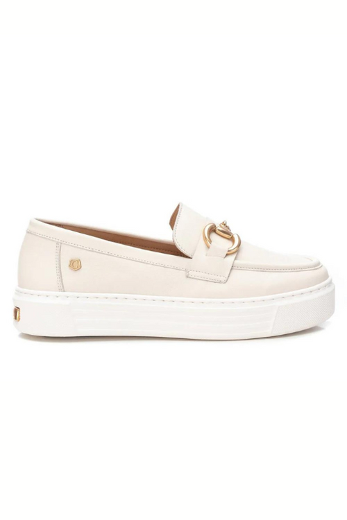 Carmela Platform Loafer. A pair of slip-on, cream leather loafers with gold detail, padded inner and non-slip sole.