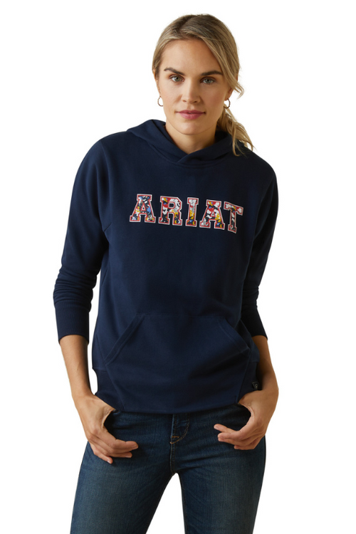 An image of a female model wearing the Ariat 3D Logo 2.0 Hoodie in the colour Navy.