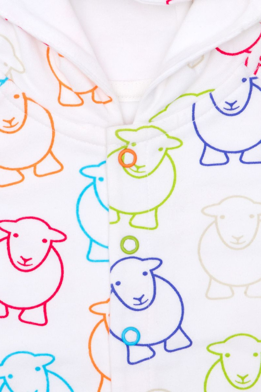 The Herdy Company Baby Marra Hoodie in White with colourful sheep outlines all-over.