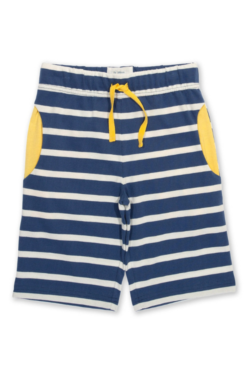 Kite Corfe Shorts. A pair of navy and white striped shorts with contrasting yellow pockets, elasticated waistband, and adjustable tie.
