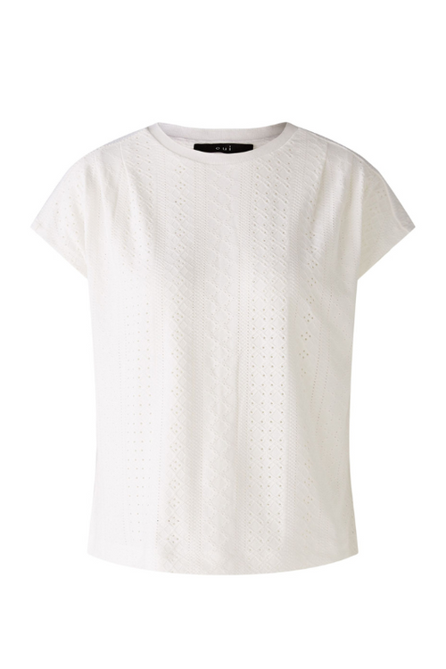 Oui Textured Top. A broderie anglaise fabric top with short sleeves and round neckline, in white.