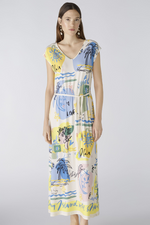 Oui Multi Print Dress. A midi length dress with short sleeves, V-neck, tie waist detail, and all-over unique print.