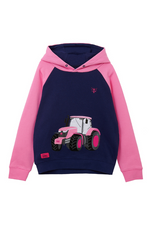 Lighthouse Jill Hoodie. A girls hooded jumper with a kangaroo pocket, pink sleeves & hood, and a fun pink tractor design on the front.