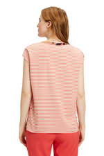 An image of a model wearing the Betty Barclay Stripe Back Blouse in the colour Red/Beige.