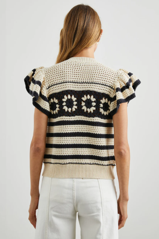 An image of a female model wearing the Rails Penelope Top in the colour Oat Navy Crochet Stripe.