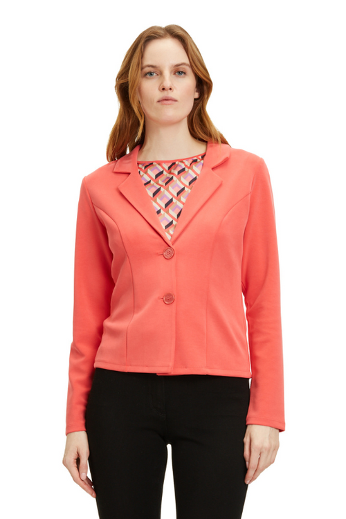 An image of a model wearing the Betty Barclay Jersey Blazer Jacket in the colour Cayenne.