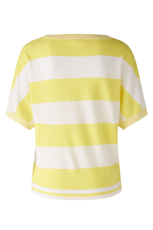 Oui Block Stripe Jumper. A knit jumper with yellow and white block stripes, round neckline, batwing sleeves, and drawstring cord at the hemline.