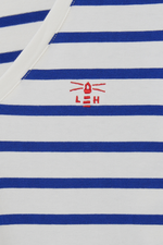 Lighthouse Ariana Top. A long sleeve top with a V-neck and a classic indigo stripe design on a white background.