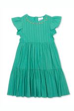 Kite Dress. A green tiered dress with short ruffled sleeves and round neckline featuring floral embroidery.