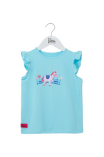 Lighthouse Causeway Swing Tee. A regular fit, kids t-shirt with short ruffle trim sleeves, a crew neck, and a sweet pony design on a light blue background.