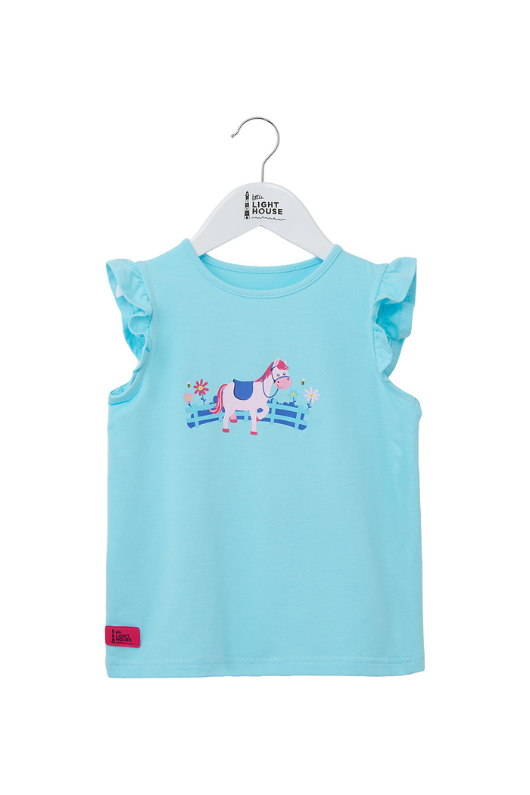 Lighthouse Causeway Swing Tee. A regular fit, kids t-shirt with short ruffle trim sleeves, a crew neck, and a sweet pony design on a light blue background.