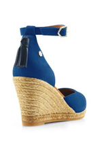 Fairfax & Favor Monaco Wedge Sandal. A pair of Porto Blue coloured sandals with tonal embroidered toe, tassel detail, wedge heel, and espadrille style sole.
