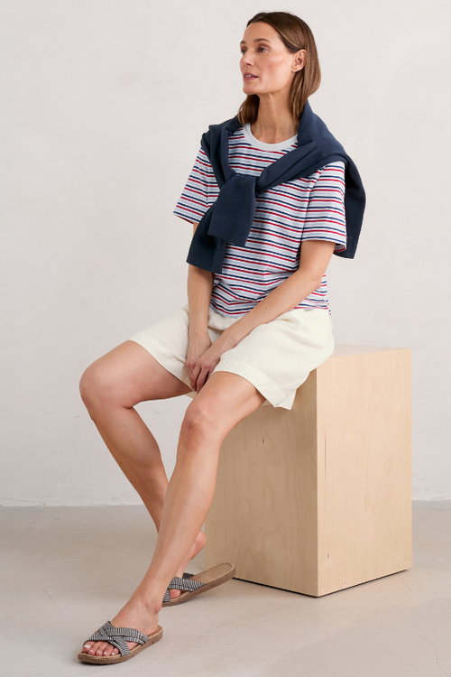 An image of a female model wearing the Seasalt Copseland Striped Organic Cotton T-Shirt in the colour Tri Pellitras Chalk Relish.