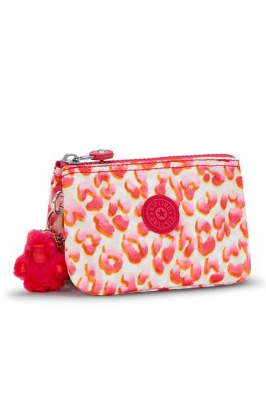 Kipling Creativity S Purse. A small zip purse with multiple interior pockets, a round Kipling logo on the front, a fluffy Kipling monkey keychain and a pink cheetah print design