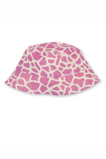 Kite Kids Sun Hat. A reversible cotton sunhat with protective brim, featuring a green ditsy floral print, and a pink giraffe print on the reverse.