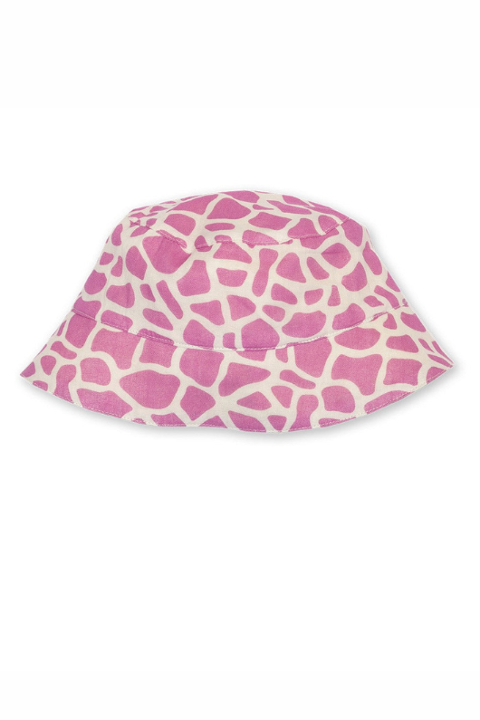 Kite Kids Sun Hat. A reversible cotton sunhat with protective brim, featuring a green ditsy floral print, and a pink giraffe print on the reverse.