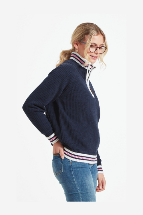 Schoffel Havelet Bay 1/4 Zip Jumper. A super soft, chunky-rib knit in a relaxed fit with nautical stripes