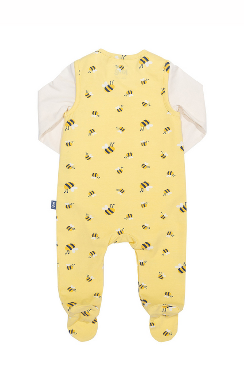 Kite Dungarees. A 2 piece set with cream bodysuit and yellow bumblebee print dungarees. The dungarees feature convenient popper closures.