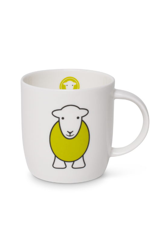 An image of the Herdy Company's Yan Mug with a green Herdwick sheep on the front.