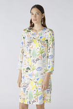 Oui Multi Print Shift Dress. A straight cut knee-length dress with 3/4 length sleeves, crew neck, and all-over unique print.