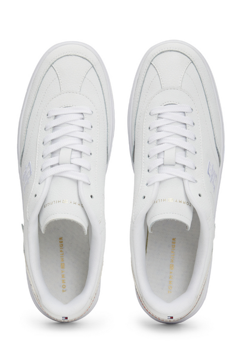 An image of the Tommy Hilfiger Heritage Global Stripe Topstitch Trainers in the colour White.