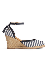 Fairfax & Favor Monaco Wedge Sandal. A pair of Navy striped sandals with tonal embroidered toe, tassel detail, wedge heel, and espadrille style sole.