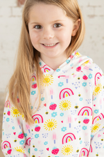 Lighthouse Jessie Hoodie. A regular fit, kids hoodie with a cosy jersey lined hood and a sweet rainbows and sunshine design on a white background.