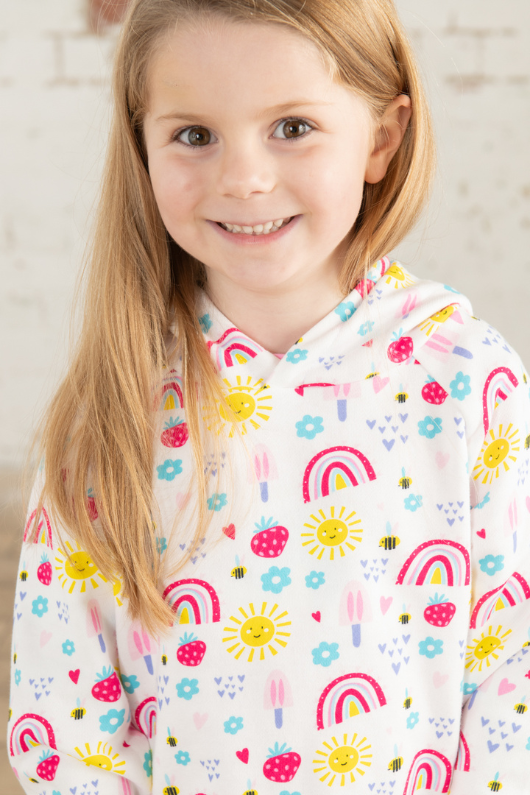 Lighthouse Jessie Hoodie. A regular fit, kids hoodie with a cosy jersey lined hood and a sweet rainbows and sunshine design on a white background.