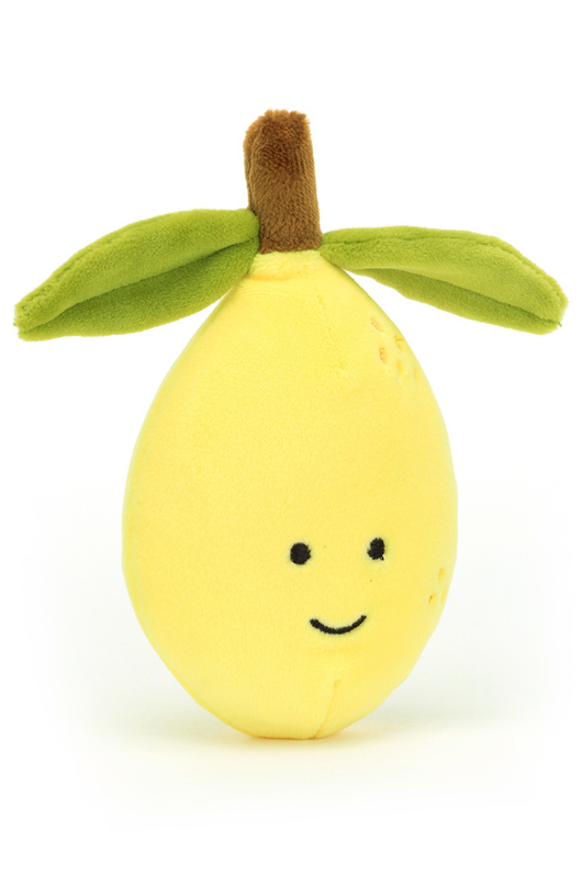 Jellycat Fabulous Fruit Lemon. A soft toy lemon with yellow fur, green leaves, and smiling face.
