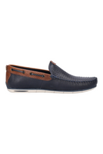 Bugatti Chesley Moccasin. Men's leather loafers with flexible soles, tan accents and a chic navy design.