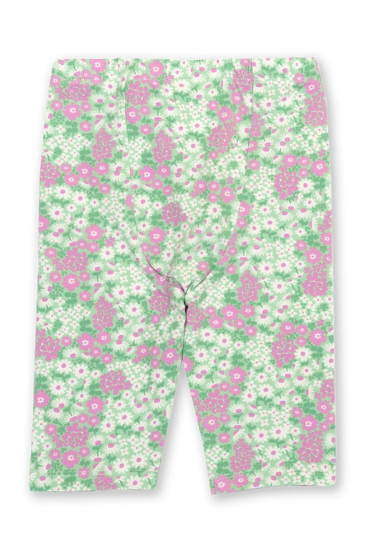 Kite Pedal Pusher. A pair of stretch fabric pedal pushers with green and pink floral print.