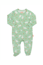 Kite Sleepsuit. A green sleepsuit featuring a bunny print, with poppers on the legs and scratch mitts up to 6 months.