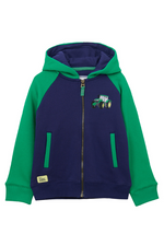 Lighthouse Jackson Full Zip Hoodie. A boys zip-up hoodie with waist pockets, a soft jersey lined hood, and a a navy torso with a tractor piqué on the chest and green sleeves.