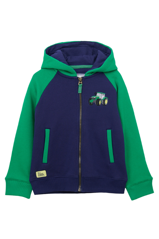 Lighthouse Jackson Full Zip Hoodie. A boys zip-up hoodie with waist pockets, a soft jersey lined hood, and a a navy torso with a tractor piqué on the chest and green sleeves.