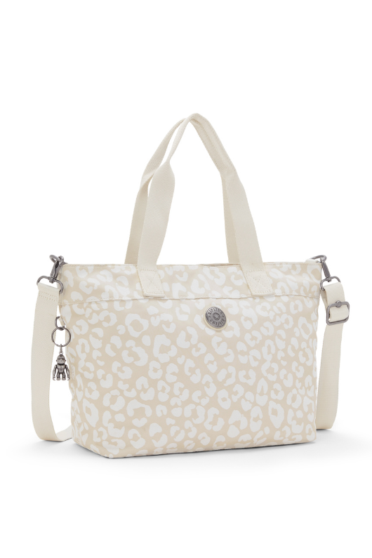 Kipling Colissa S Tote Bag - front of bag with round Kipling logo, white cheetah print, and an iconic Kipling monkey keychain