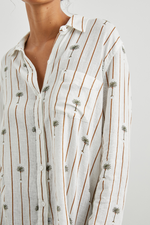 Rails Charli Shirt. A lightweight, linen women's shirt with a button down design, and a cool palm tree & stripe pattern on a white background.