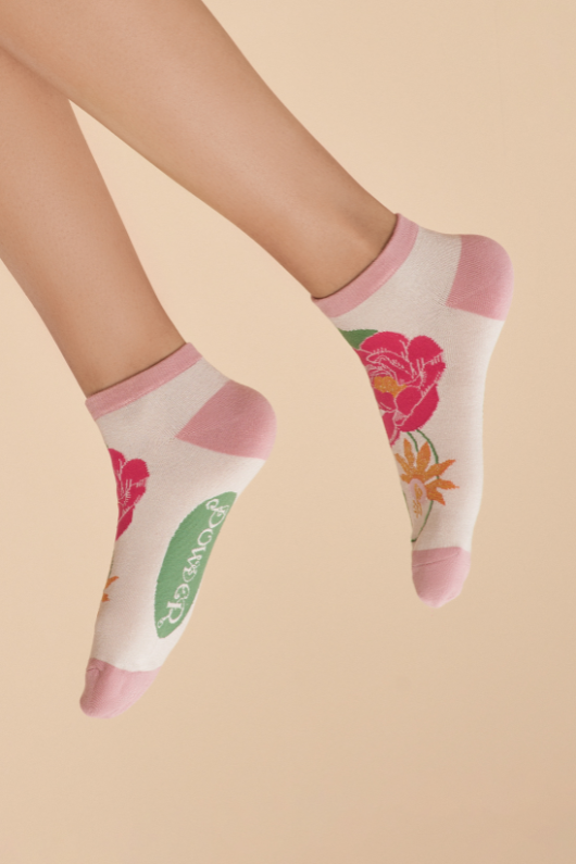 Powder Trainer Socks. Super comfy cotton & bamboo mix socks with a cream tropical flora design.