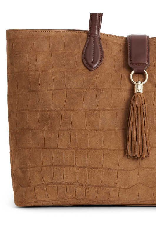 An image of the Fairfax & Favor Langham Suede Tote Bag in the colour Tan Croc.