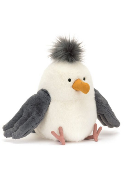 Jellycat Chip Seagull. A seagull soft toy with tufty hair, orange beak, and grey wings.