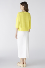 Oui 3/4 Sleeve Jumper. A yellow boxy fit jumper with 3/4 length sleeves, V-neckline, and split hem.