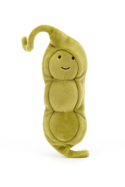Jellycat Vivacious Vegetable Pea. A soft green velvety soft toy of three peas in a pod with a black stitch smiling face.
