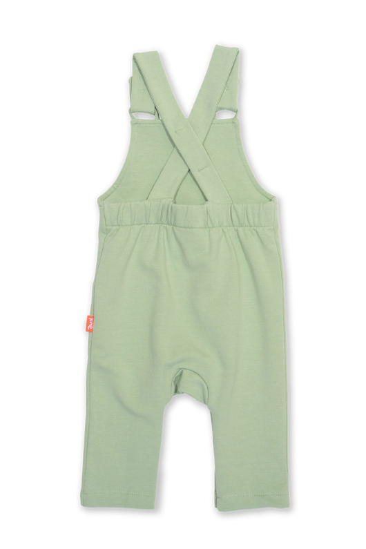 Kite Dungarees. A pair of green dungarees with bunny applique made from stretch fabric.