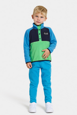 Didriksons Monte 3 Button Fleece. A boys mid-layer sweater in a green & blue design and a button placket, elastic binding on the sleeve and a thermal, microfleece finish.